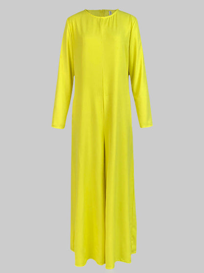 Loose Wide Leg Pockets Solid Color Round-Neck Jumpsuits