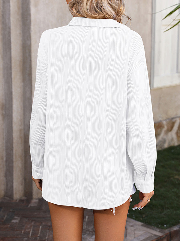 Long Sleeves Buttoned Jacquard Pleated Solid Color Blouses&Shirts Tops