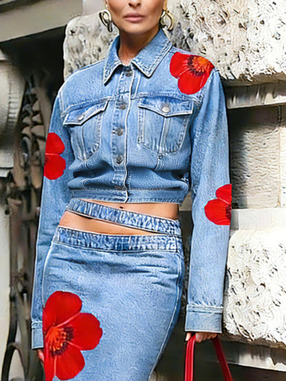 Cropped Long Sleeves Buttoned Contrast Color Flower Print Pockets Split-Joint Lapel Jackets Outerwear