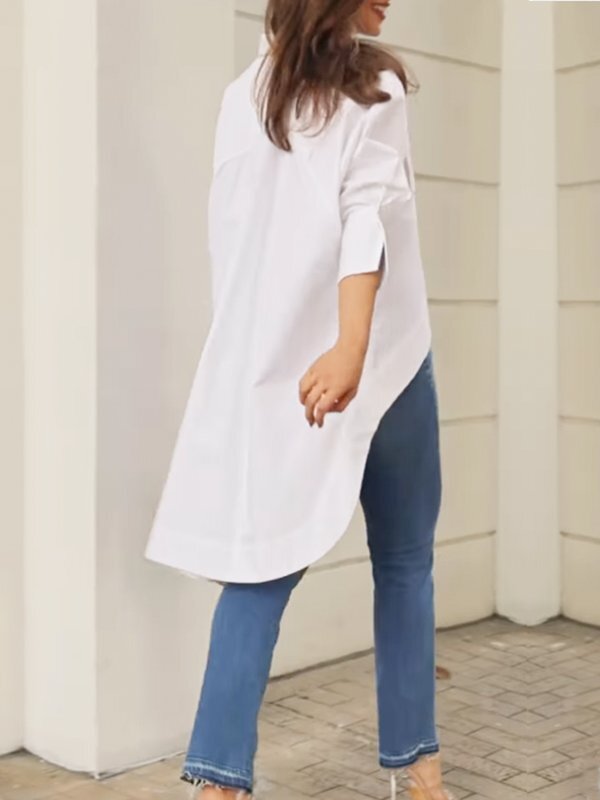 Split-Joint Solid Color Pockets Buttoned Loose Long Sleeves Lapel Blouses&Shirts Tops