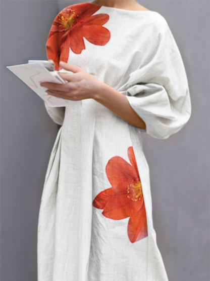 Half Sleeves Loose Flower Print Round-Neck Midi Dresses