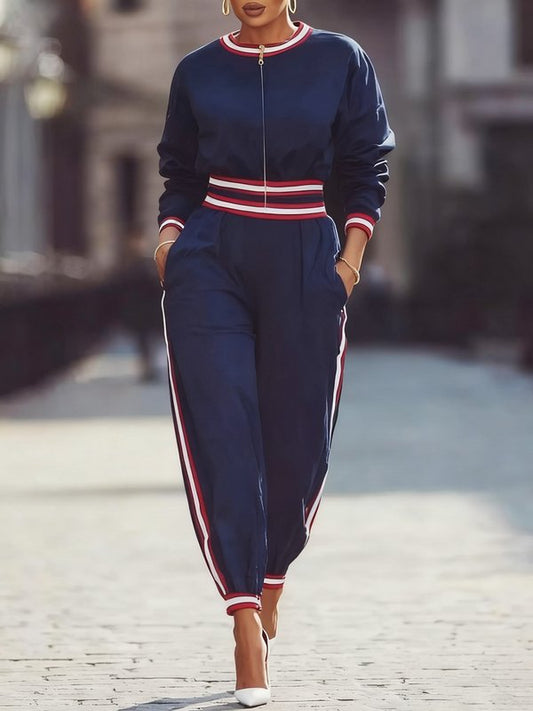 High Waisted Long Sleeves Pockets Striped Zipper Round-Neck Jumpsuits