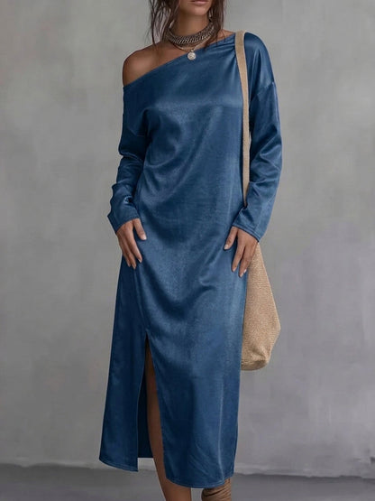 Solid Color Pockets Loose Long Sleeves One-Shoulder Midi Dresses