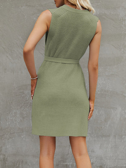 A-Line Loose Solid Color Split-Side Tied Waist Round-Neck Mini Dresses Sweater Dresses
