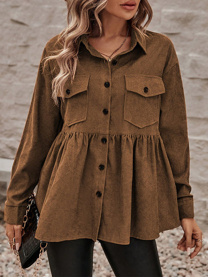 A-Linie, lange Ärmel, geknöpft, gefaltete Taschen, einfarbig, geteiltes Revers, Oberbekleidung 