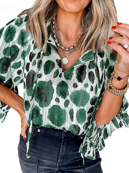 Long Sleeves Loose Contrast Color Pleated Split-Joint V-neck Blouses&shirts Tops