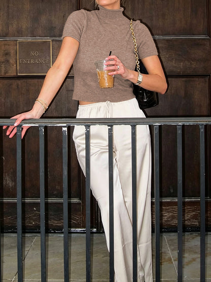 Solid Color Short Sleeves Mock Neck Sweater Tops