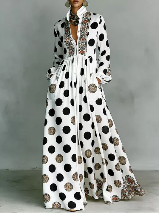 High Waisted Long Sleeves Big Hemline Buttoned Contrast Color Pleated Pockets Polka-Dot Stand Collar Maxi Dresses