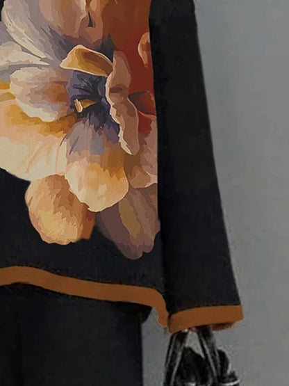 Flared Sleeves Long Sleeves Flower Print Split-Joint Mock Neck T-Shirts Tops