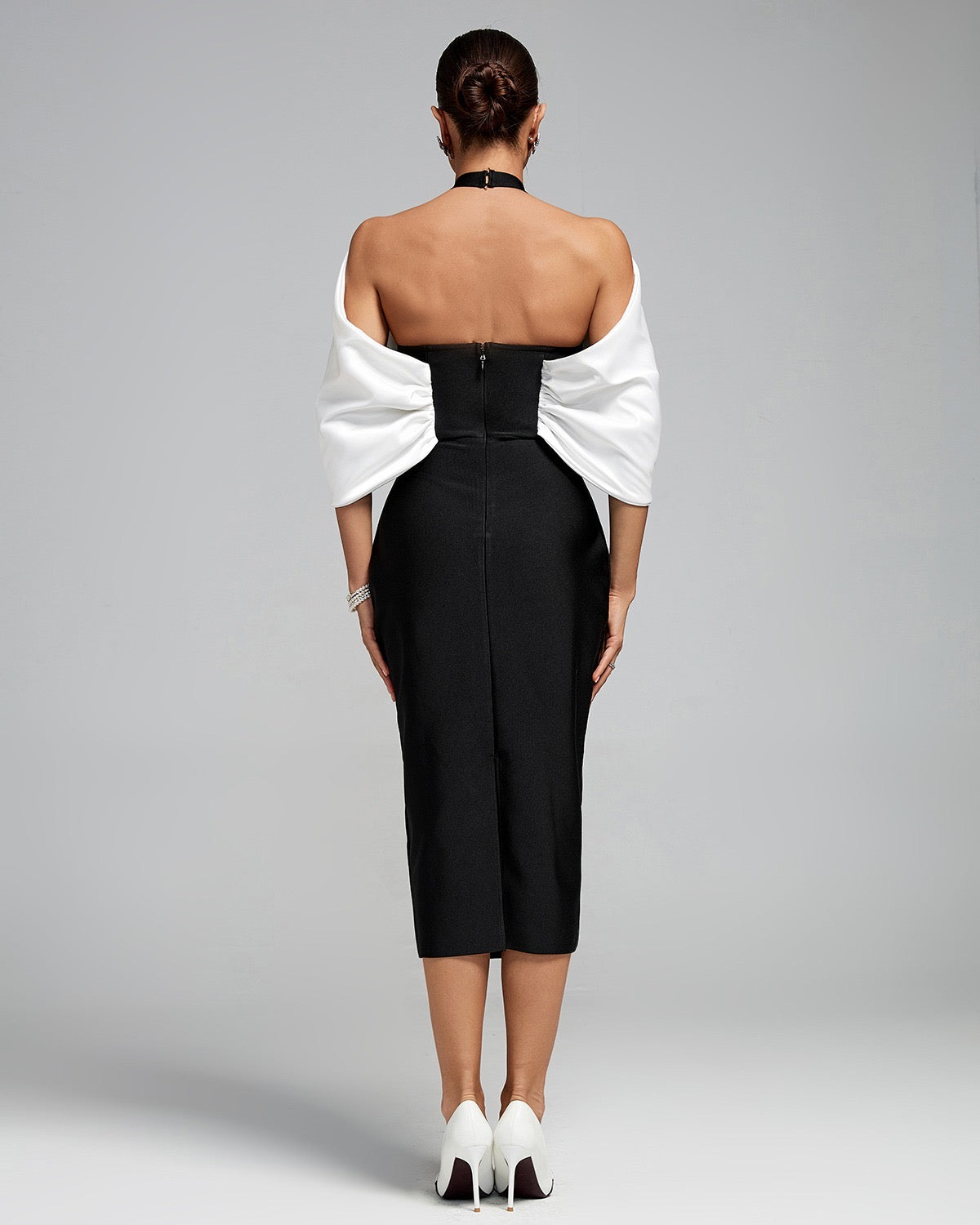 ESTEFANIA Open Back Draped Flower Midi Bandage Dress