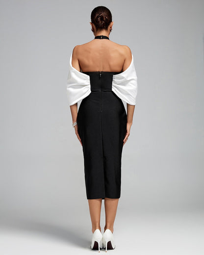 ESTEFANIA Open Back Draped Flower Midi Bandage Dress