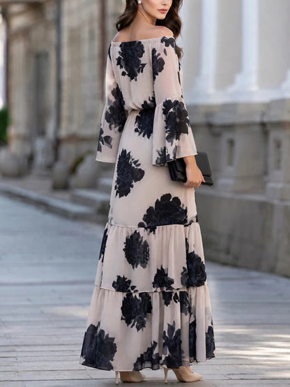 Split-Joint Flower Print Elasticity Contrast Color Backless Long Sleeves High Waisted Off-the-shoulder Maxi Dresses