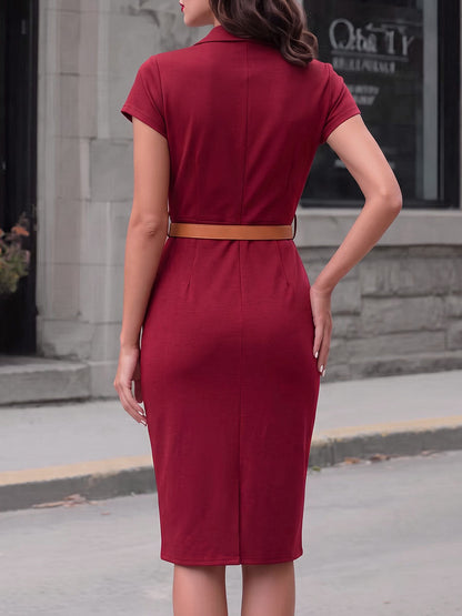 Solid Color Pockets Belted Asymmetric Cap Sleeve Bodycon Notched Collar Midi Dresses