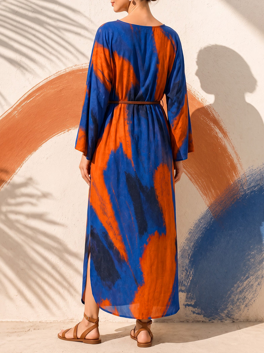 Tied Waist Split-side Printed Pockets Contrast Color Loose Long Sleeves Round-neck Maxi Dresses