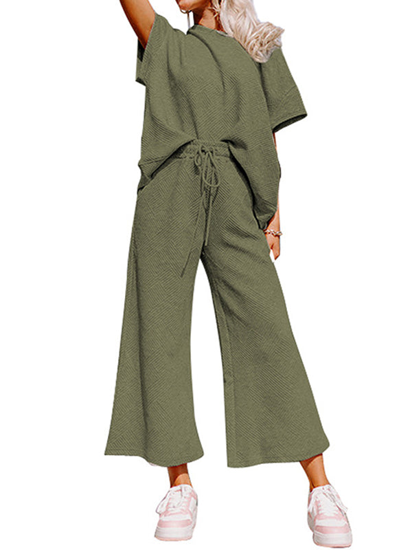 Loose Short Sleeves Solid Color Round-Neck T-Shirt Top + Drawstring Elasticity Pockets Pants Botttom Two Pieces Set