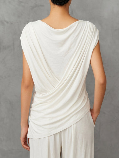 Loose Sleeveless Asymmetric Pleated Solid Color One-Shoulder Blouses&Shirts Tops
