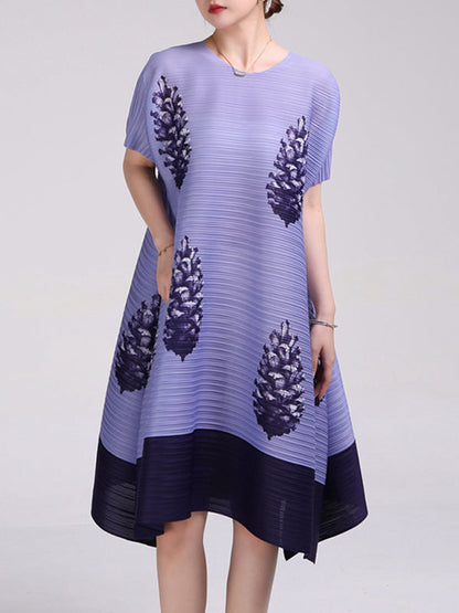 A-Line Loose Flower Print Pleated Round-Neck Midi Dresses