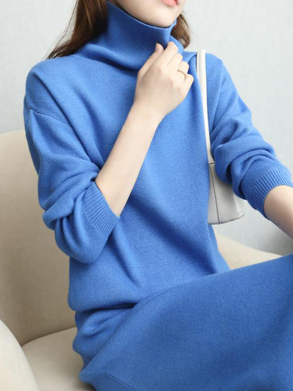 Urban Loose Solid Color High-Neck Sweater Tops & Skirts Bottoms Suits