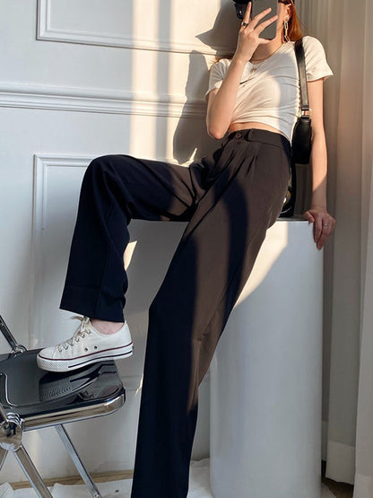 Pantalon urbain taille haute à jambes larges, couleur unie, 6 couleurs 