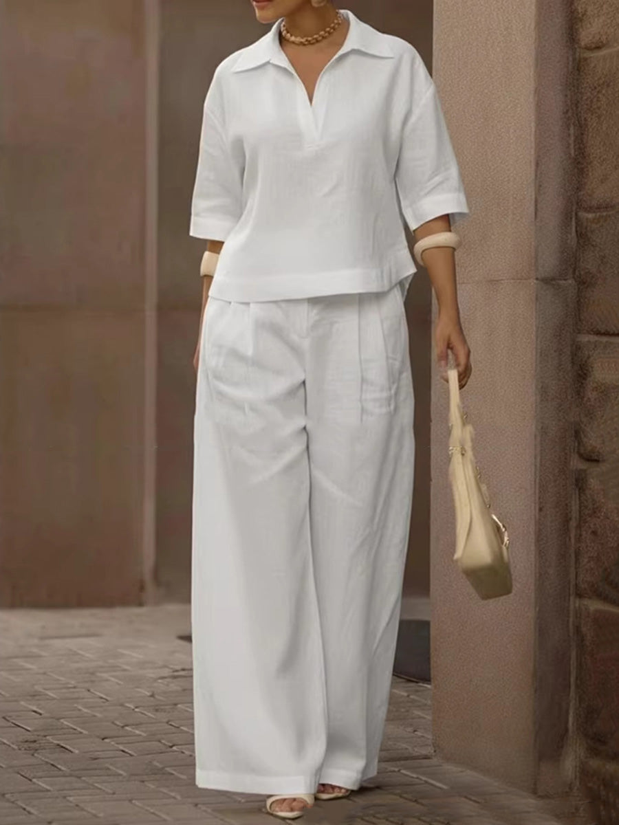 Solid Color Half Sleeves Lapel Blouses&Shirts Tops + High Waisted Pleated Trousers Pants Two Pieces Set