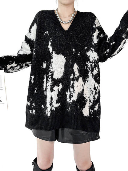 Long Sleeves Loose Abstract Printed Contrast Color Ribs Split-Joint V-Neck Sweater Tops