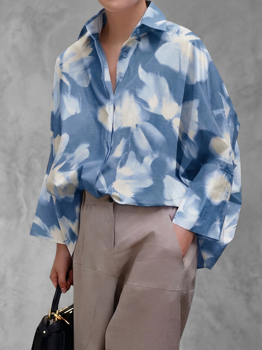 Batwing Sleeves High-Low Buttoned Contrast Color Printed Lapel Blouses&Shirts Tops