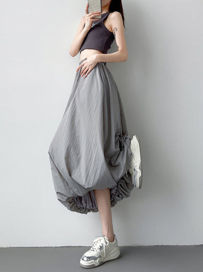 A-Line Loose Elasticity Pleated Pockets Solid Color Skirts Bottoms