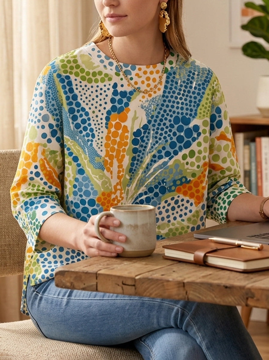 High-Low Loose Contrast Color Printed Round-Neck T-Shirts Tops