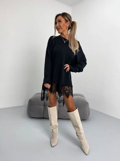 Lace Split Mid-Length Round Neck Hoodie