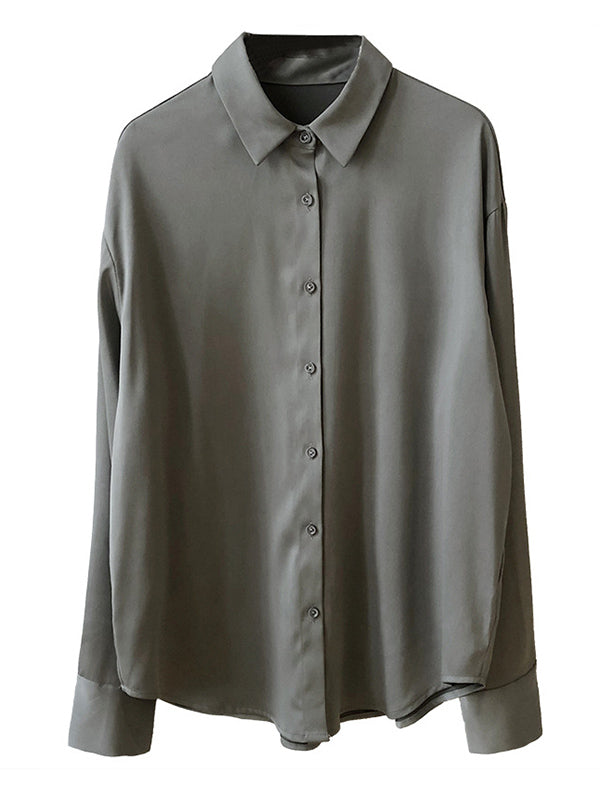 Simple Solid Color Satin Chiffon Long Sleeve Blouse