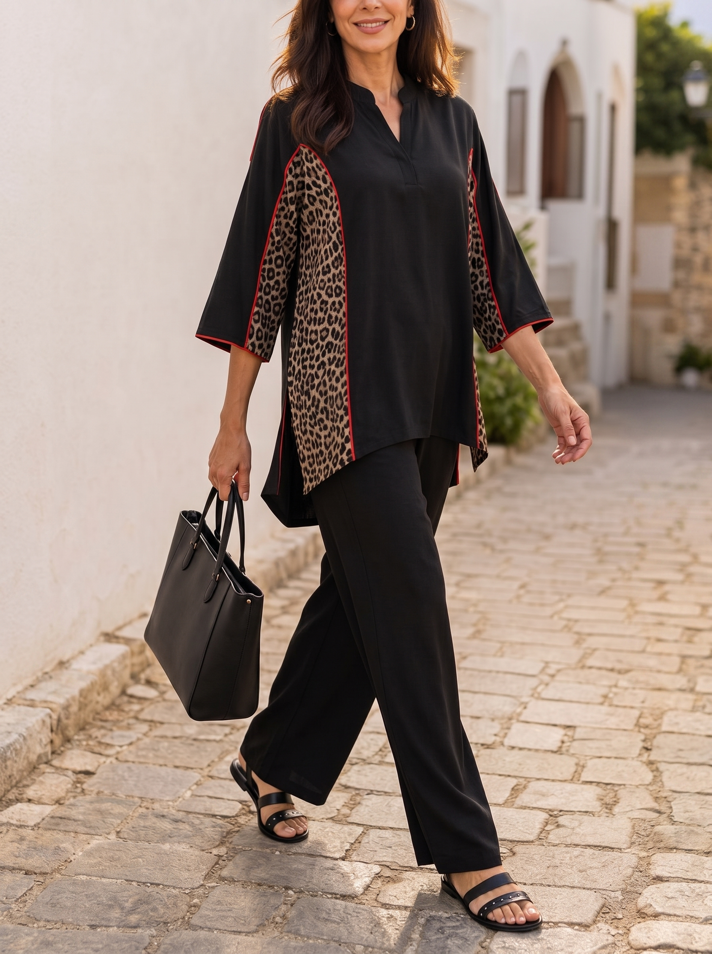 Split-side Split-Joint Leopard Contrast Color Three-quarter Sleeves Loose V-neck Blouses&shirts Tops