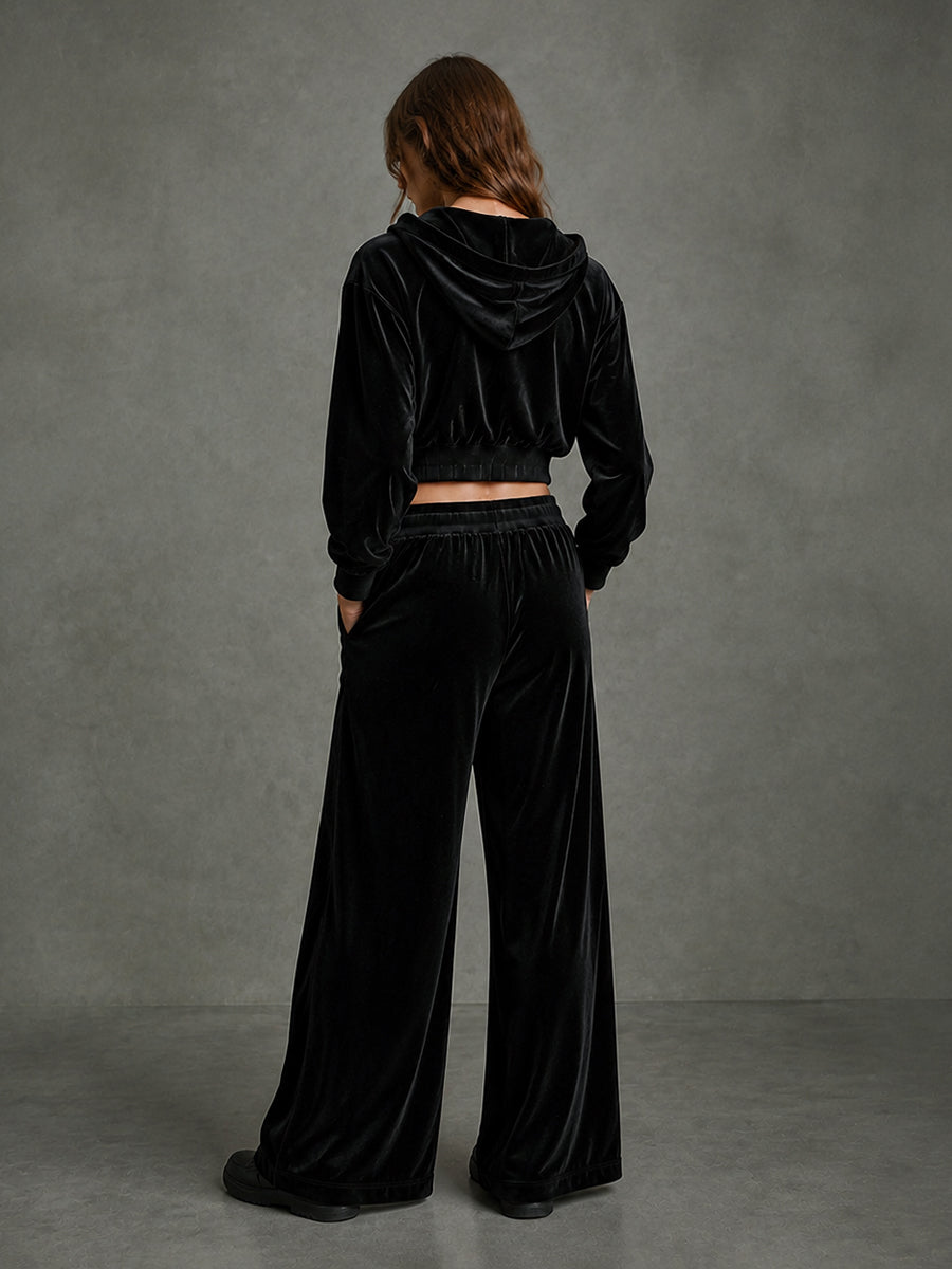 Velvet Solid Color Pockets Elasticity Wide Leg Loose Trousers Pants