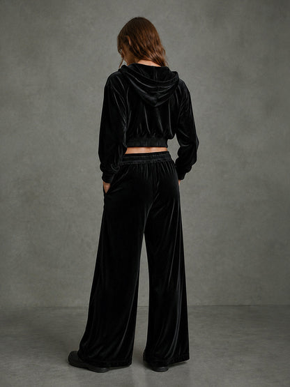 Velvet Solid Color Pockets Elasticity Wide Leg Loose Trousers Pants