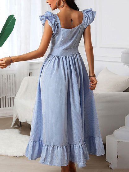 A-Line Loose Buttoned Pleated Ruffle Trim Striped Square-Neck Maxi Dresses