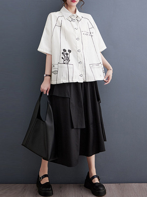 Lose Kurzarm-Blusen und -Hemden mit geknöpftem, bedrucktem Revers 