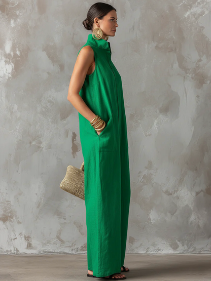Solid Color Pockets Buttoned Wide Leg Sleeveless Stand Collar Jumpsuits