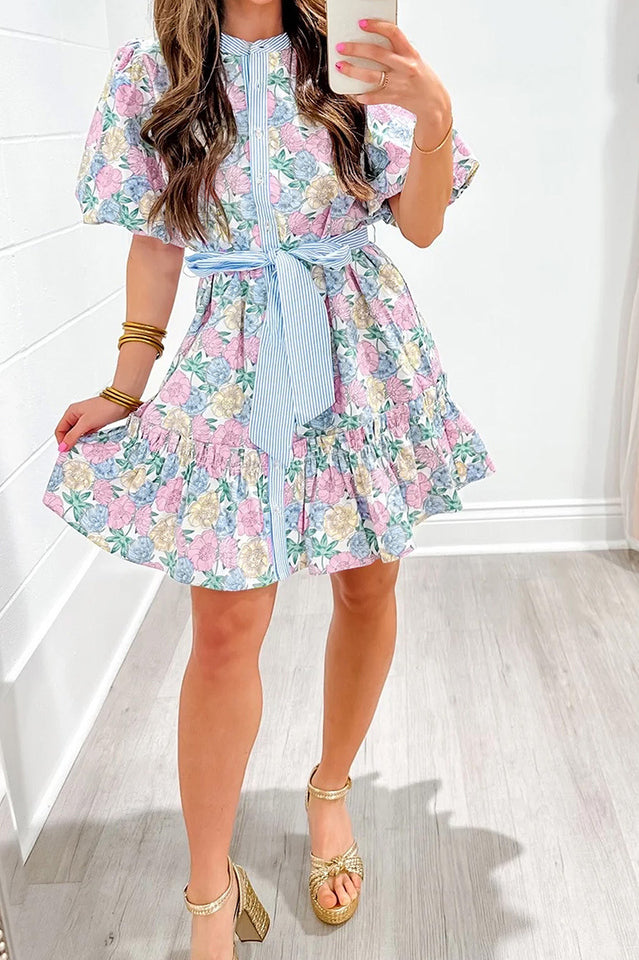 Floral Print Puff Sleeve Belted Mini Dress