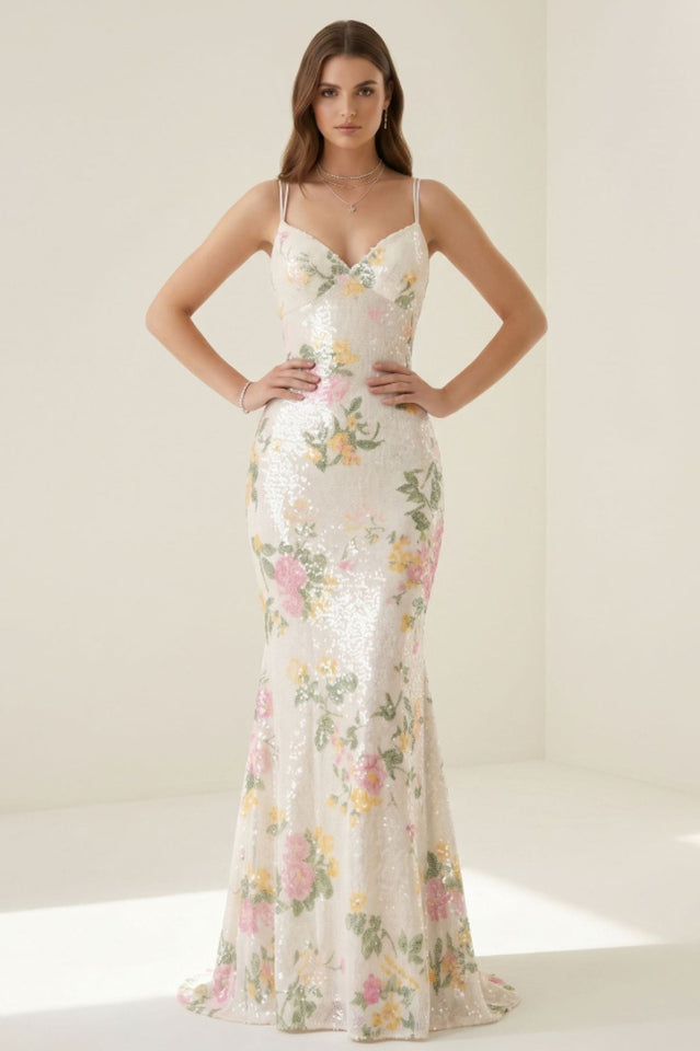 Elora Floral Sequin Lace-Up Mermaid Dress