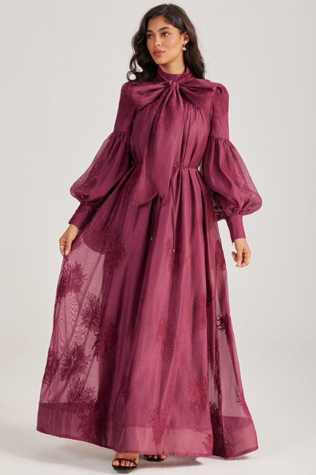 Embroidered Lace-Up Maxi Dress