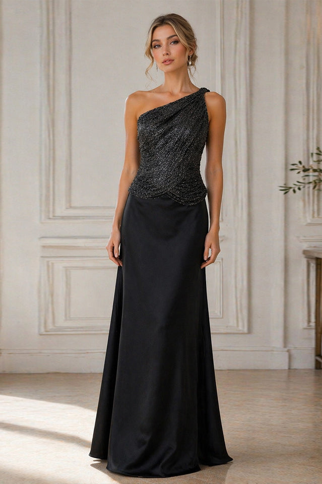 Black One-Shoulder Embellished Satin Evening Gown
