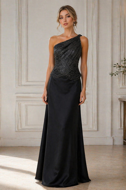 Black One-Shoulder Embellished Satin Evening Gown