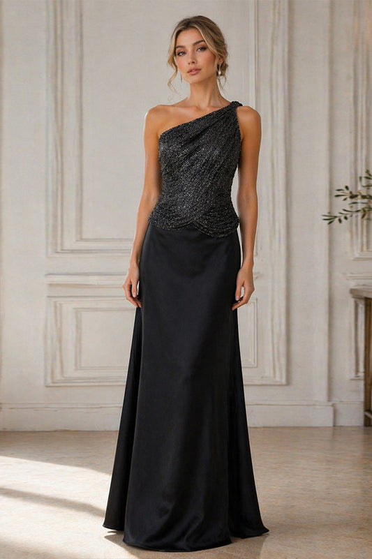 Black One-Shoulder Embellished Satin Evening Gown