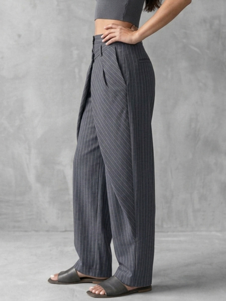 High Waisted Wide Leg Buttoned Contrast Color Split-Joint Striped Blazer Pants Trousers