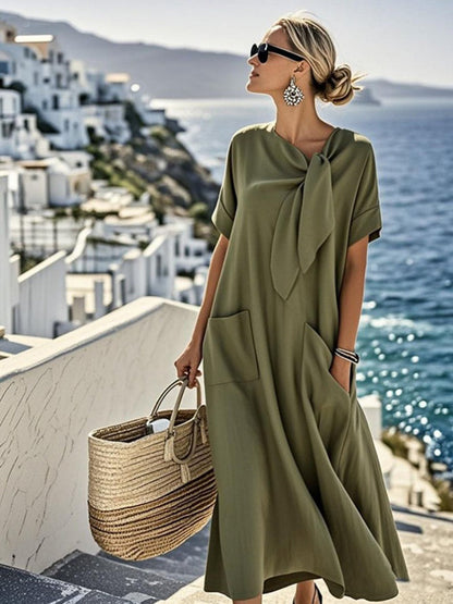 Loose Plus Size Asymmetric Knot Pockets Solid Color Bow Collar Maxi Dresses