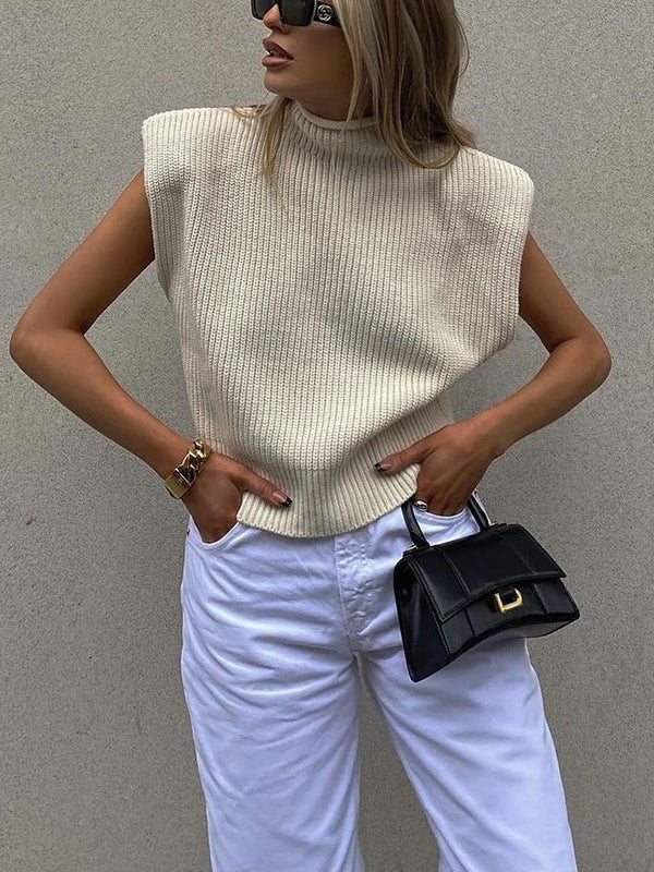 Casual Cap Sleeve Solid Color High-Neck Sweater Tops Pullovers