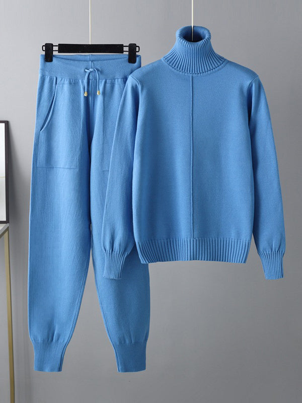 Casual Solid Long Sleeves High-Neck Sweater Tops & Drawstring Wide Leg Pants Suits
