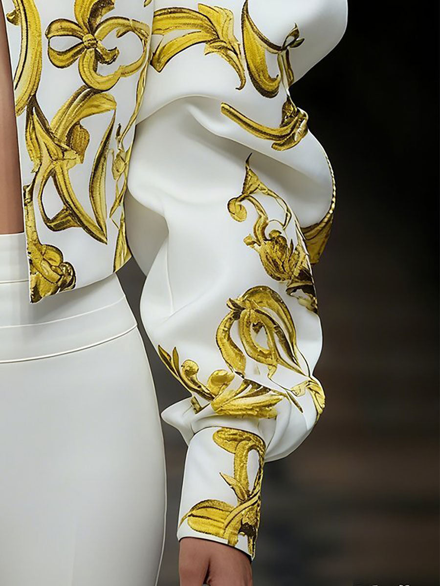 Long Sleeves Puff Sleeves Contrast Color Flower Print Split-Joint Zipper Stand Collar Outerwear