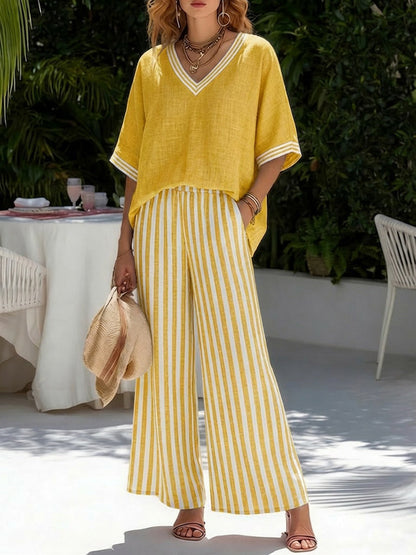 Half Sleeves Loose Contrast Color Pockets Striped V-Neck Blouses Top + Pants Bottom Two Pieces Set