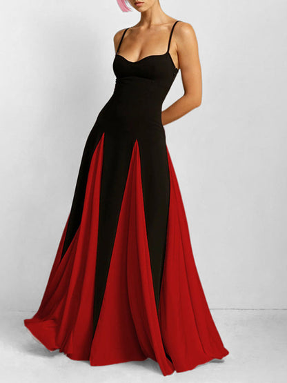 A-Line High Waisted Contrast Color Split-Joint Spaghetti-Neck Maxi Dresses