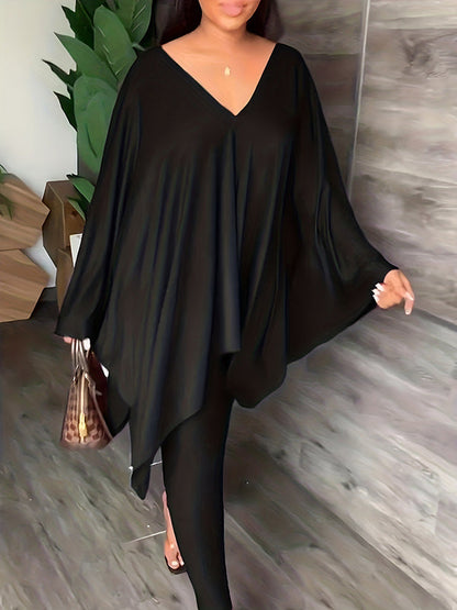 Batwing Sleeves Loose Solid Color V-Back V-Neck Shirts Tops&Pants Two Pieces Set